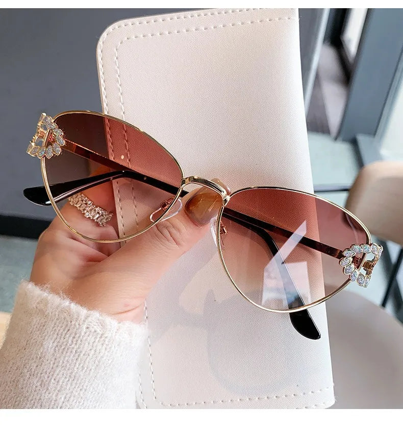 2026 Women Elegant Oval Metal Frame Cat Eye Sunglasses Hollow Rhinestone Wreath Temple UV Protection Gradient Lens Sun Shades