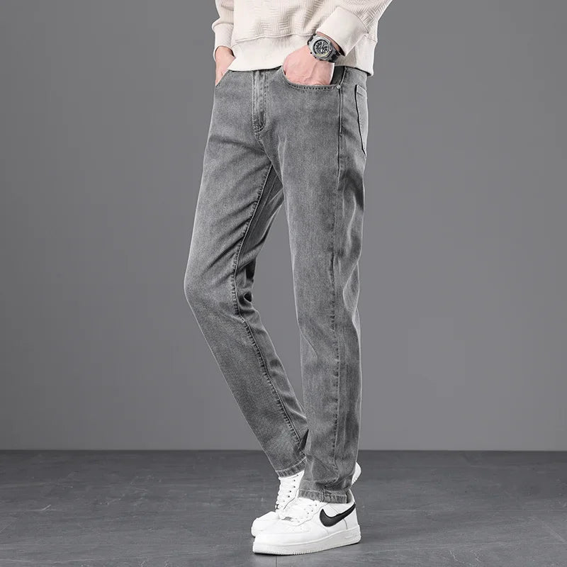 Classic Men Vintage Cloth High Waist Trousers 2024 Autumn Loose Straight Stretch Wash Jeans High Quality Sky Blue Brand Pants