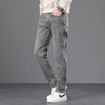 Classic Men Vintage Cloth High Waist Trousers 2024 Autumn Loose Straight Stretch Wash Jeans High Quality Sky Blue Brand Pants
