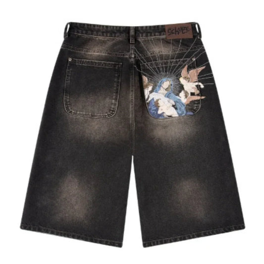 Vintage Embroidery Jorts Black Gothic Man Women Short Jeans Baggy Harajuku Goth Graphic Distressed Hip Hop Denim Shorts