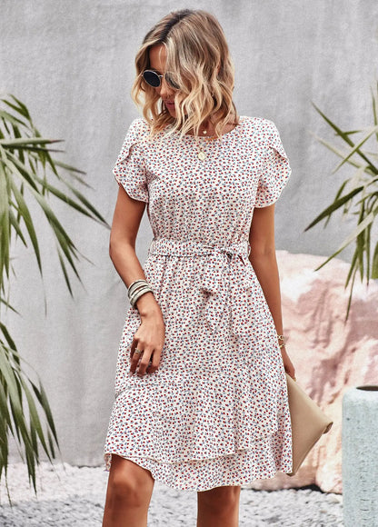 Summer O Neck Casual Printd Women Strap High Waist Pleated Floral Dress