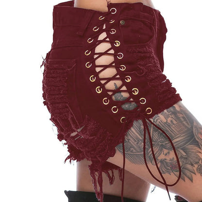 Sexy Women's Jeans Fashion Casual Side Lace-Up Denim Shorts Sexy Hot Denim Short pants Club dance Ripped short jeans