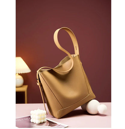 Ladies' Split Leather Bucket Shoulder Bags Female Commute Shopping Messenger Bags Adjustable Shoulder Strap Women Casual Handbag