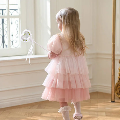 Girls Baby Princess Dress Summer Sweet Cute Bubble Sleeves Elegant Pink Mesh Layered Dress Party Outdoor DB2251649
