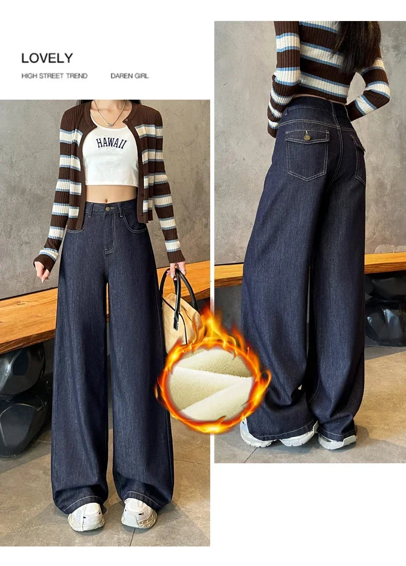 Wide Legs Fleece Jeans Women Winter Loose Velvet Casual Pants Comfortable Warm Straight Fashion Pocket Plush Denim Trousers