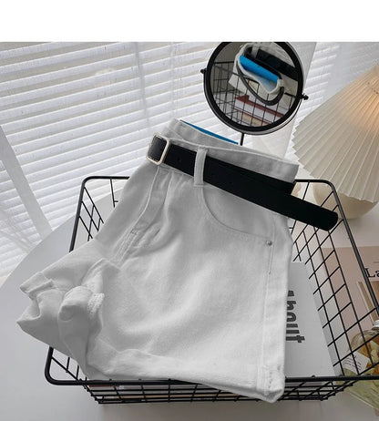 Wide Leg Denim Shorts With Belt Women Summer High Waist Pocket Hot Pants Streetwear Korean Fashion Casual Cowboy Jeans Shorts