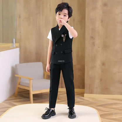 Children Formal Wedding Suit Kids Vest Pants Party Photograph Set Teenager Boys Tuxedo Party Dress Child Dance Show Costume