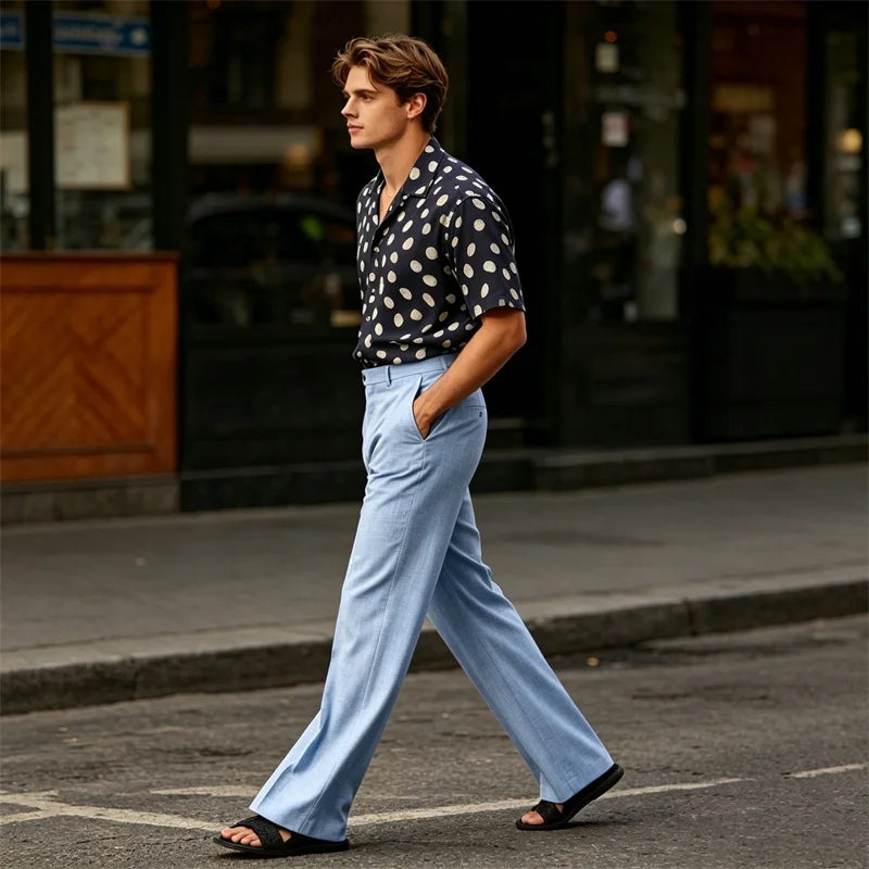 Men's High Waist Flared Pants Linen Blend Slim Fit Bell Bottoms Trousers Lightweight Breathable 70s 60s Disco Vintage Outfits