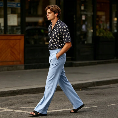 Men's High Waist Flared Pants Linen Blend Slim Fit Bell Bottoms Trousers Lightweight Breathable 70s 60s Disco Vintage Outfits