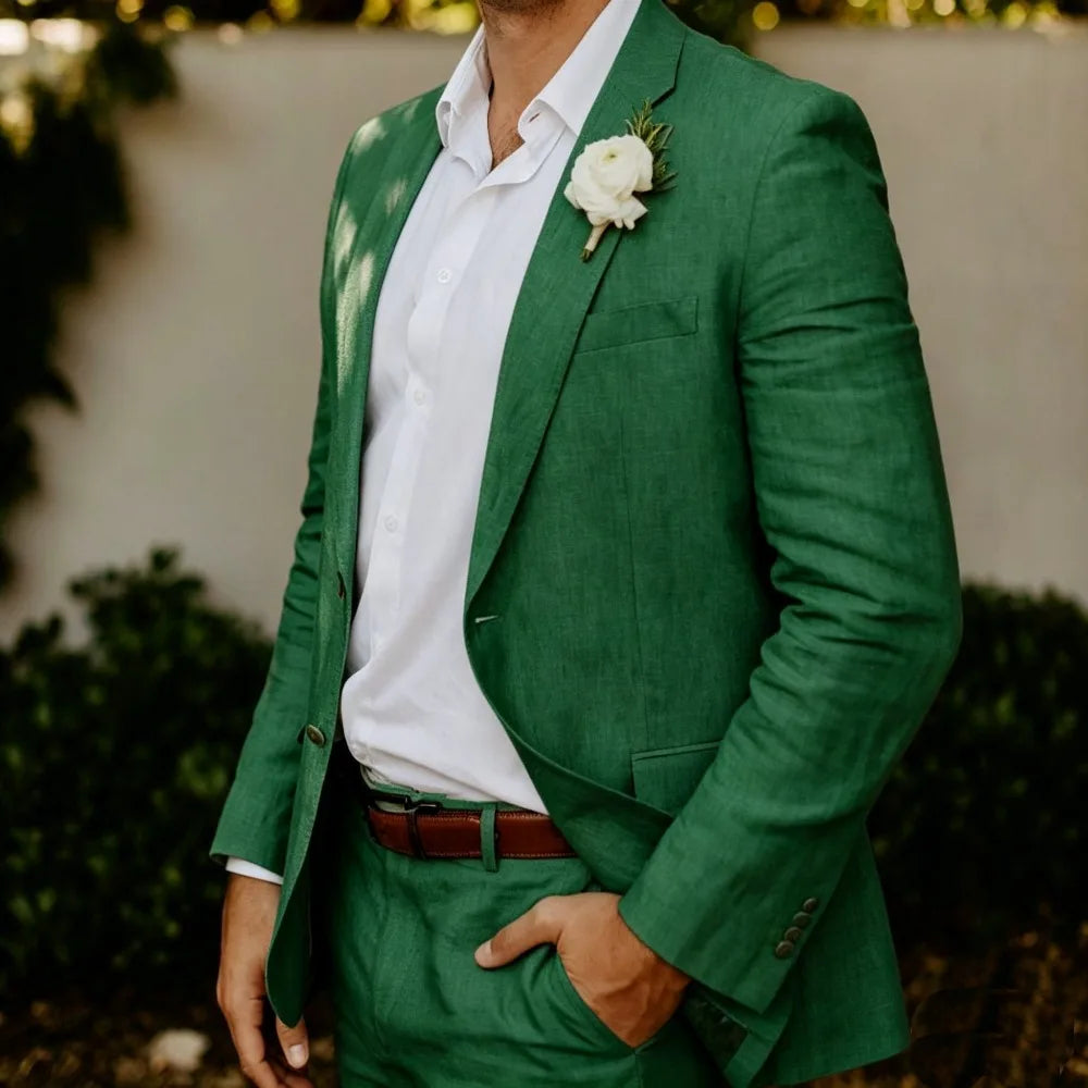 Beige Linen Men Suits 2 Pieces Wedding Tuxedo Summer Slim Fit Groom Blazer Trousers Set Formal Attire wedding suits for men