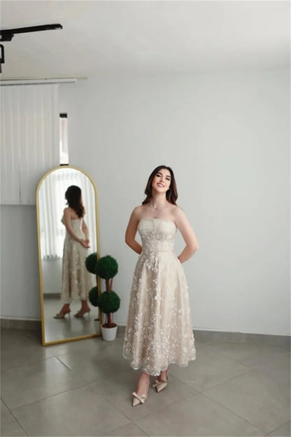 Champagn Tulle Evening dresses Off the Shoulder A-line Vestidos De Fiesta Elegant Long Sleeves Ankle-length  فساتين سهرة