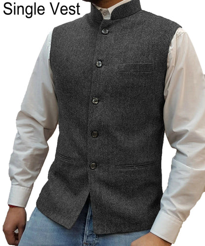 Suit Vest Men Vintage Slim Solid Stand Collar Vest Tops Male Business Casual Sleeveless Jackets Man Wedding Waistcoat