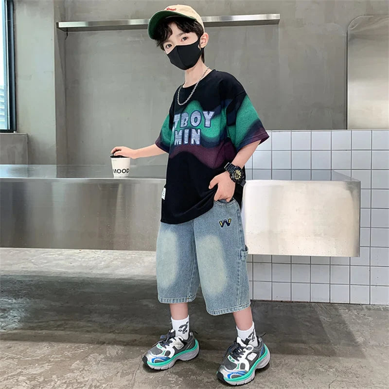 Summer Boy Denim Shorts and Top Clothes Set Outfit Kids Fashion 2-Piece Suit Korean Children Streetwear Tracksuit 5 6 7 9 10 14Y