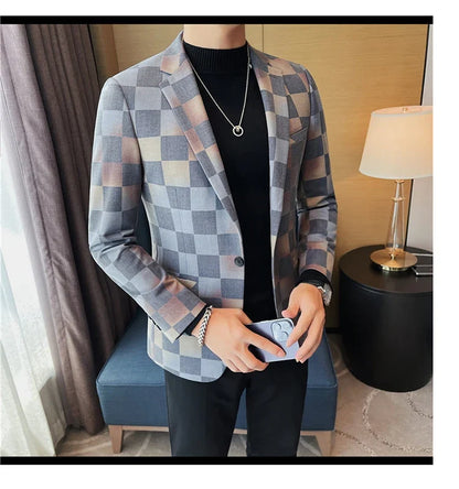 Brand Luxury Plaid Suit Jacket for Men 2023 Autumn Casual Blazer Masculino Fashion Slim Business Wedding Groom Social Dress Coat