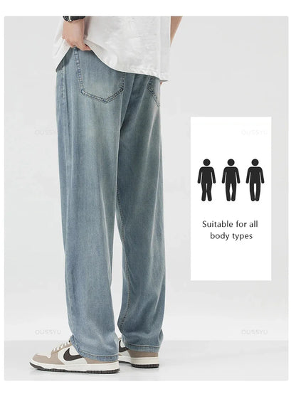 New Summer Thin Soft Lyocell Fabric Men's Jeans Classic Straight Denim Pants Work Wide Leg Casual Trousers Male Big Size 40 42