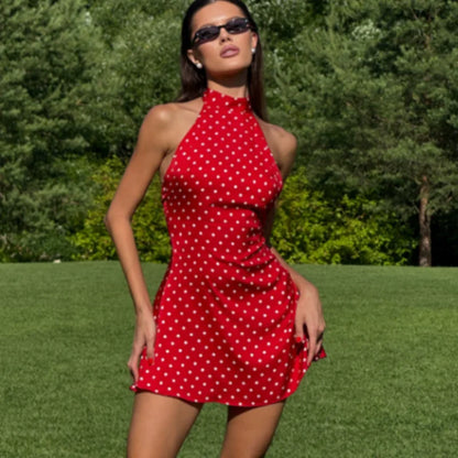 Fashion Lace Up Polka Dot Mini Dress Women Square Collar Short Sleeve Satin Party Dresses2026 Summer Lady Elegant Beach Robe New