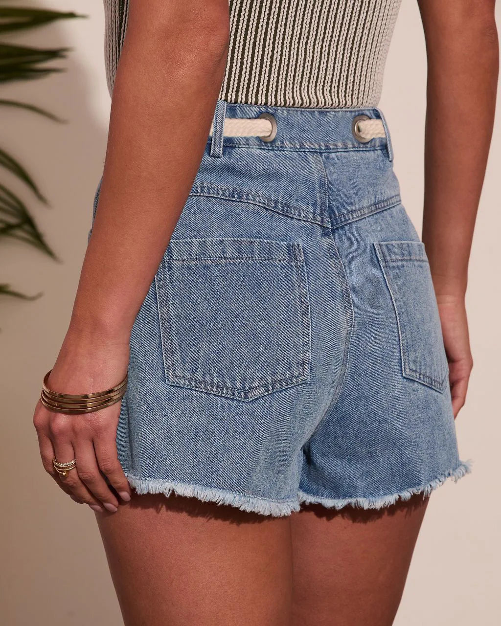 Women's High Waist Denim Shorts with Drawstring Front Pockets Frayed Hem Summer Casual Jeans Shorts
