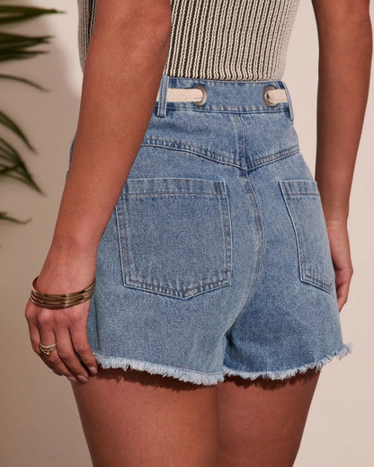 Women's High Waist Denim Shorts with Drawstring Front Pockets Frayed Hem Summer Casual Jeans Shorts