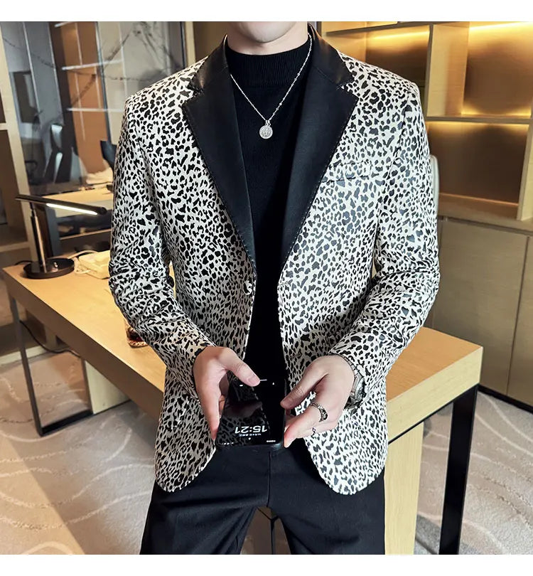 Splicing Leather Neck Casual Suit Jacket Fashion Leopard Men's Business Slim Fit Social Formal Blazers Wedding Groom Tuxedos