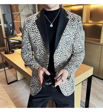 Splicing Leather Neck Casual Suit Jacket Fashion Leopard Men's Business Slim Fit Social Formal Blazers Wedding Groom Tuxedos