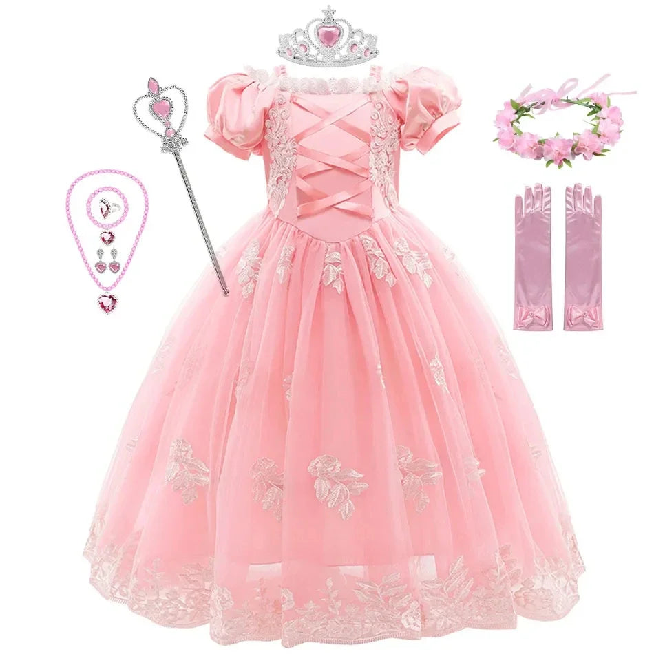 Girl Pink Aurora Cosplay Princess Dress Up Kids Christmas Halloween Tulle Fancy Rapunzel Costume for Children Girls Birthday