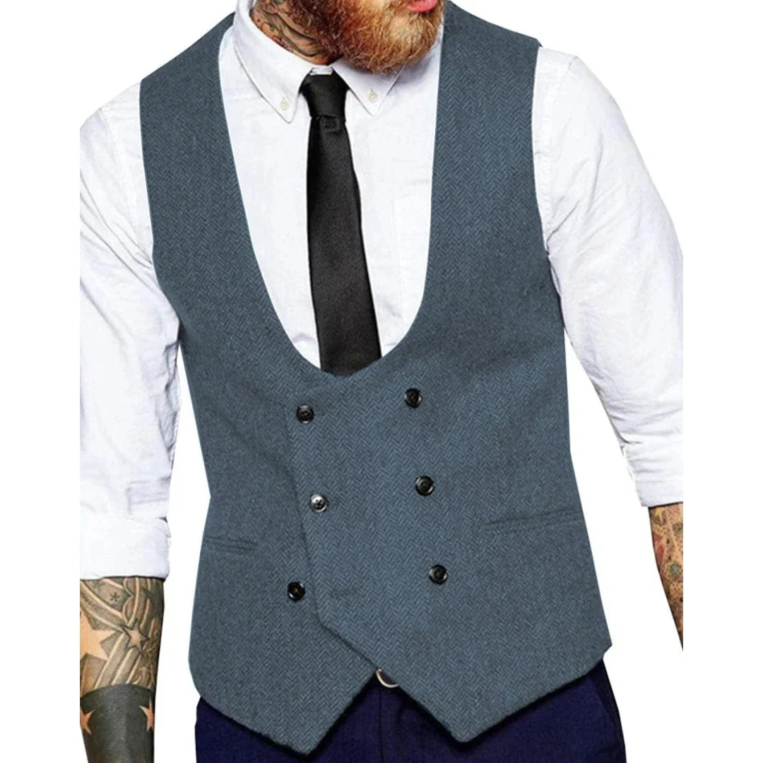 Men Vest Army Green Herringbone Solid Double Button Waistcoat For Wedding Banquet Business Work Casual Daily Men Suit Vest