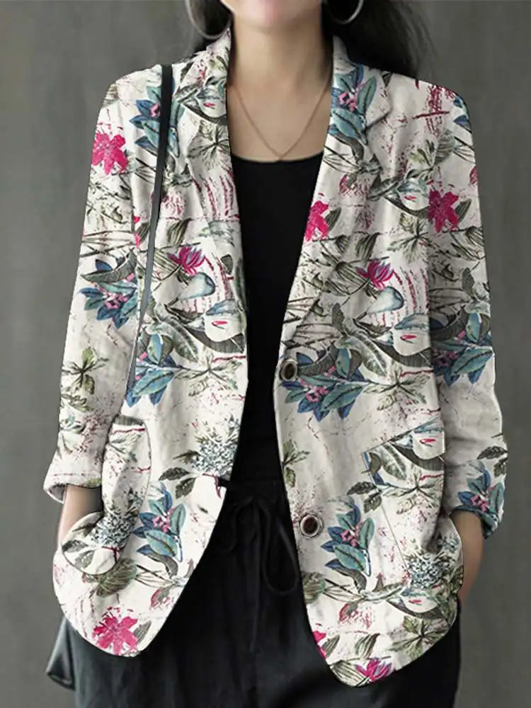 Women Cotton Blazer Vintage Lapel Neck Long Sleeve Thin Coats Autumn Elegant Work Suit Retro Floral Printed Loose Outwear