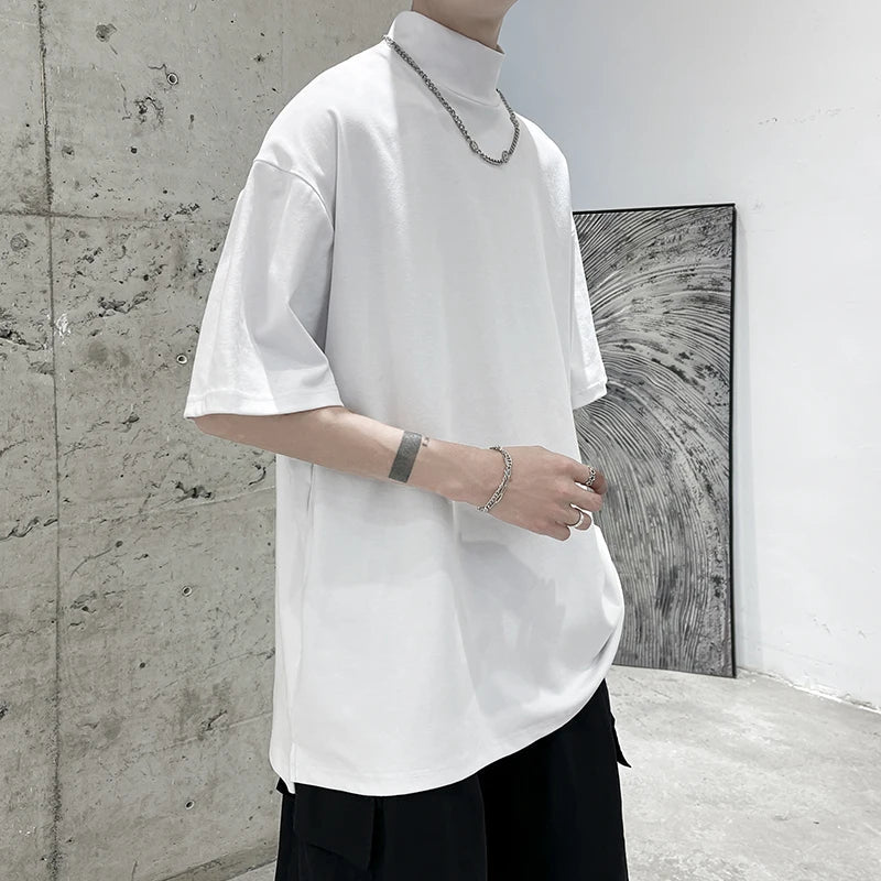 Streetwear Turtleneck Men Tshirt Solid Hip Hop Male Oversized T Shirts Man Casual Short Sleeve Top Tees Black/White/Purple