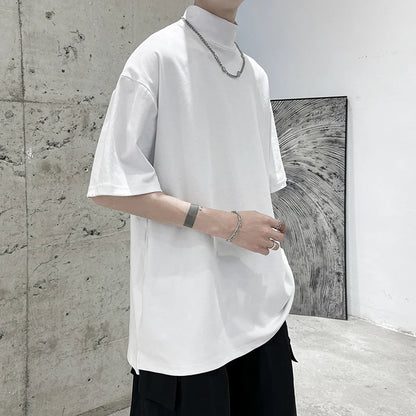 Streetwear Turtleneck Men Tshirt Solid Hip Hop Male Oversized T Shirts Man Casual Short Sleeve Top Tees Black/White/Purple
