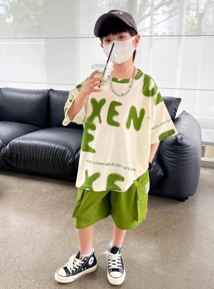 Printed Short Sleeve Children's Boy's Clothing Summer Suit Set Tees Tracksuit T-shirts Boy´s Elementary Student Men's Clothes