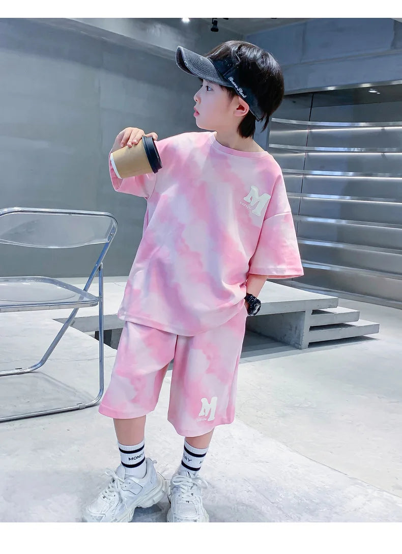 Summer Fashion Boys Cotton Alphabet Tie Dye T-Shirt Tops+Shorts Pant School Kids Tracksuit Child 2PCS Outfit Workout Set 5-16 Yr