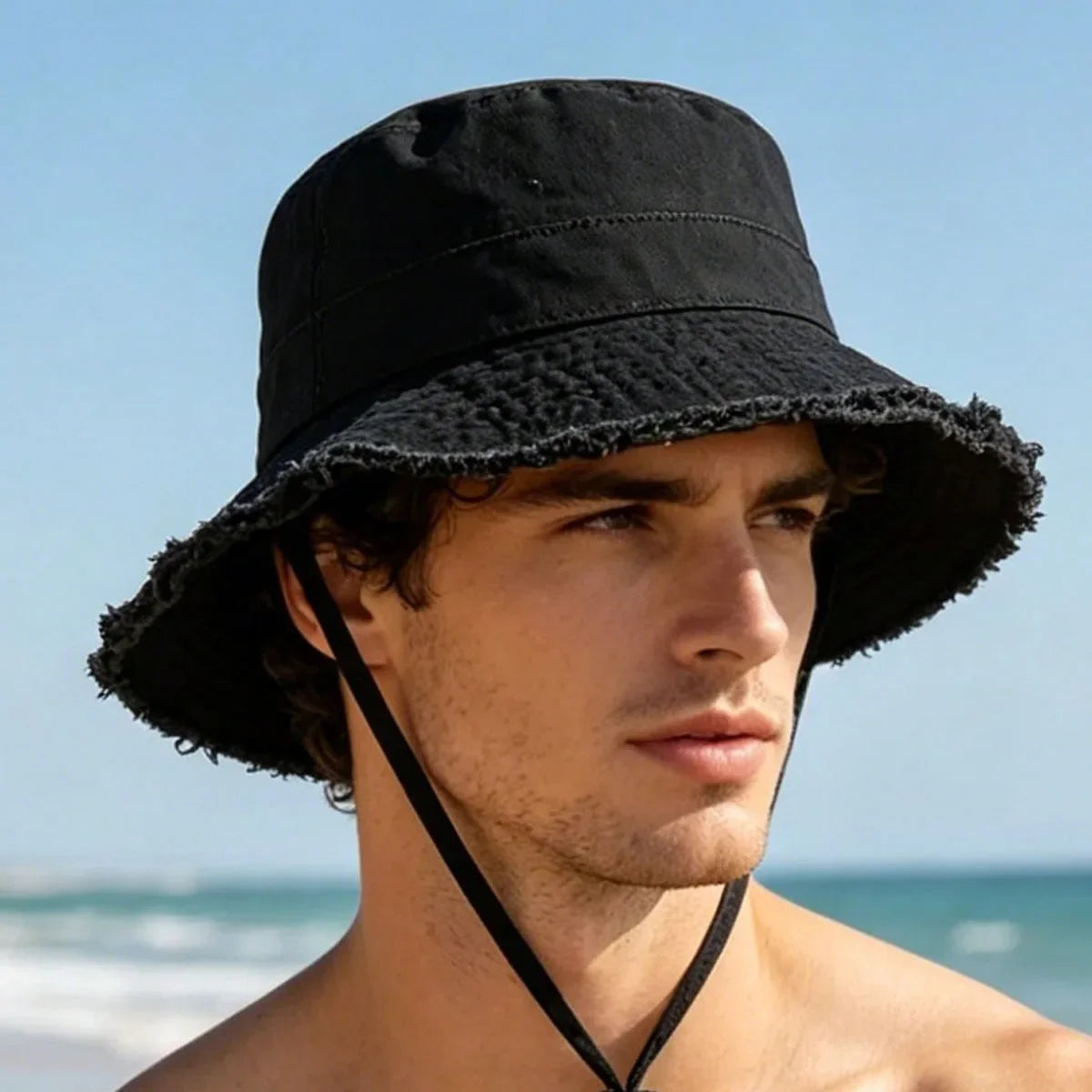 Fashion Men Fisherman Hats Foldable Bob Bucket Hat with Big Brim Sunscreen with Adjust Chin Rope Caps Beach Fishing Gorras Hat