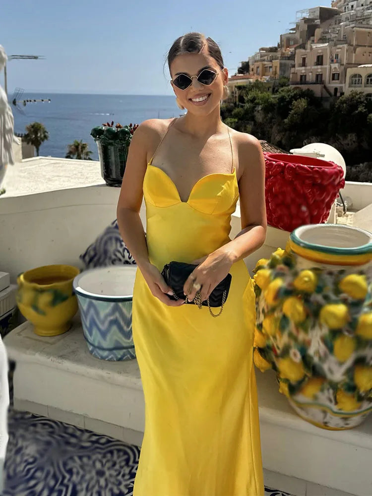 2025 Women Red V-Neck Holiday Style Satin Texture Long Dress Sleeveless Summer Women's Back Zipper Fashion Sling Dresses