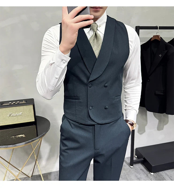 High-end Double-breasted Suit Vest With Pants 2024 New Men Fashion Slim Business Casual Best Groom Wedding Dress Vest  2 Pcs Set