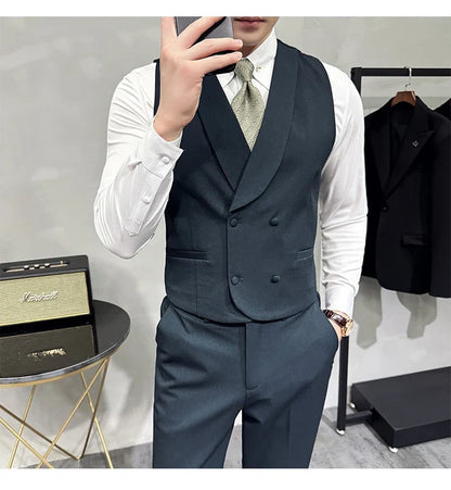 High-end Double-breasted Suit Vest With Pants 2024 New Men Fashion Slim Business Casual Best Groom Wedding Dress Vest  2 Pcs Set