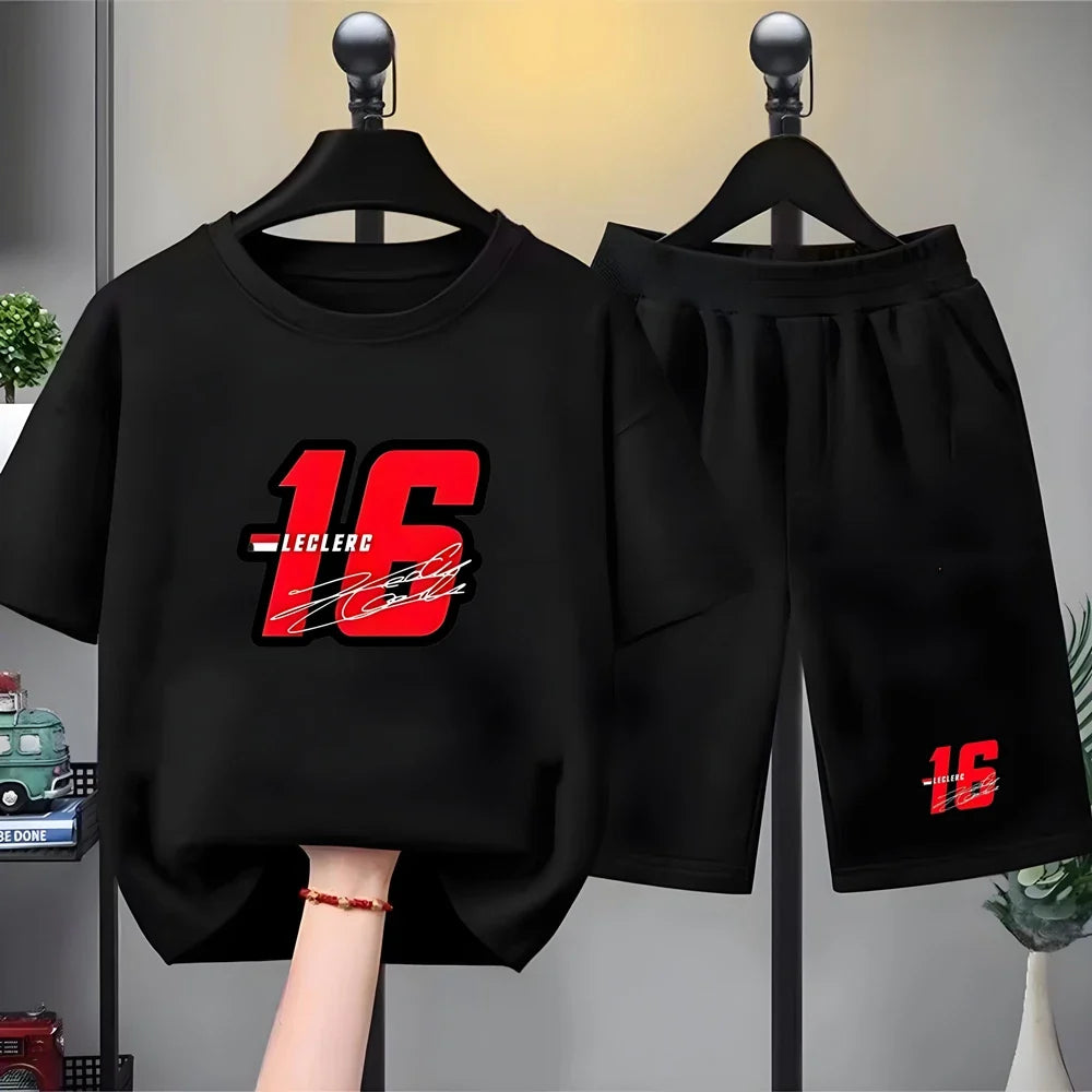 Summer Kids T-Shirt White Round Neck Tops+Shorts Boy Girl Charles Leclerc Racing Car No. 16 Clothing Sets Casual Cool Tees