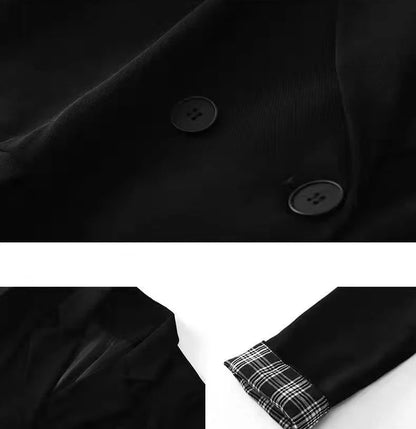 Petite Women's Spring Autumn Black Rolled Cuffs Blazer New Arrival Loose Vintage Casual Plaid Korean Style Chic Suit Jacket
