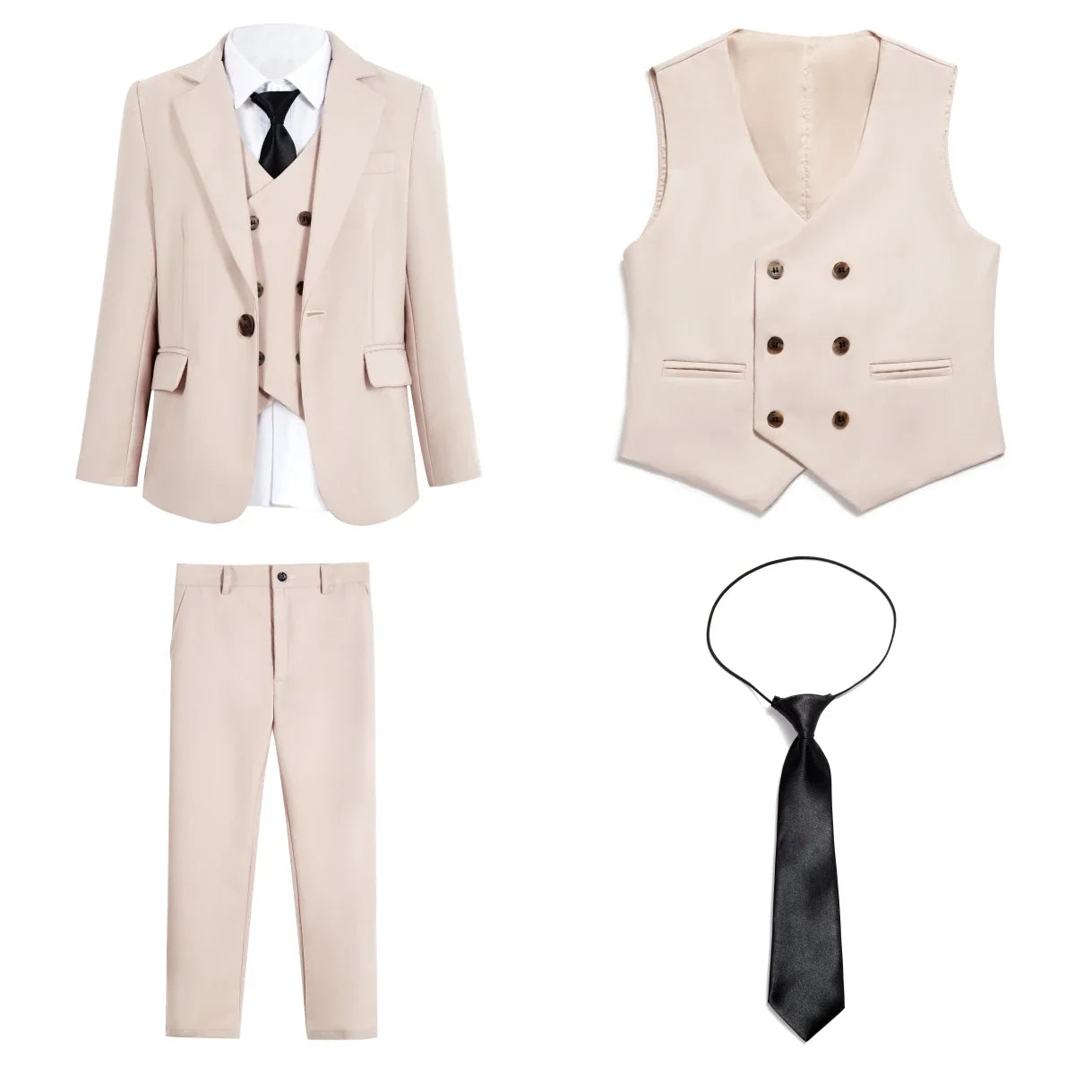 Beige Boy's Formal Suit Set, 4 Pieces Regular Fit Kids Smart Prom Suits, Jacket Vest Pants Tie Classy Solid Tuxedo For Wedding