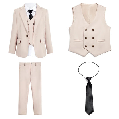 Beige Boy's Formal Suit Set, 4 Pieces Regular Fit Kids Smart Prom Suits, Jacket Vest Pants Tie Classy Solid Tuxedo For Wedding