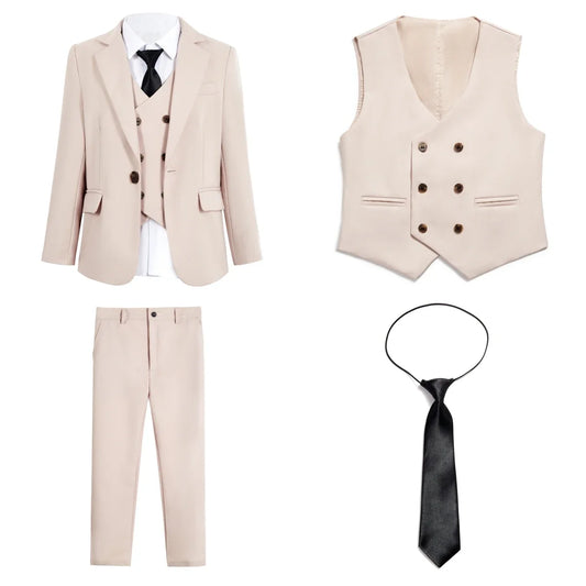 Beige Boy's Formal Suit Set, 4 Pieces Regular Fit Kids Smart Prom Suits, Jacket Vest Pants Tie Classy Solid Tuxedo For Wedding