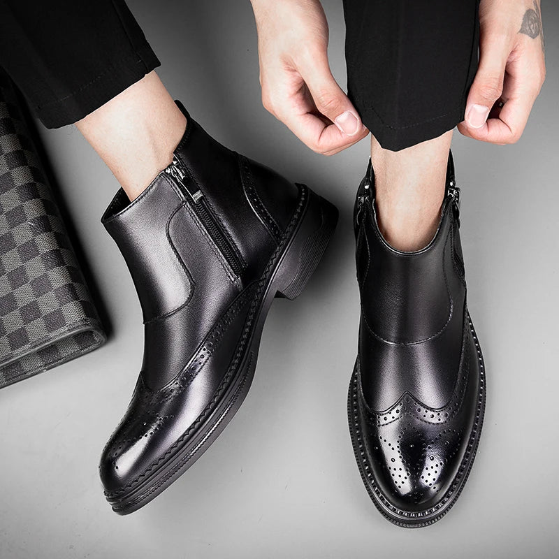 Male Winter Shoes Plush Warm Shoes Fashion Zipper Men's Basic Boots British Style Business Shoes Genuine Leather Chelsea Boots