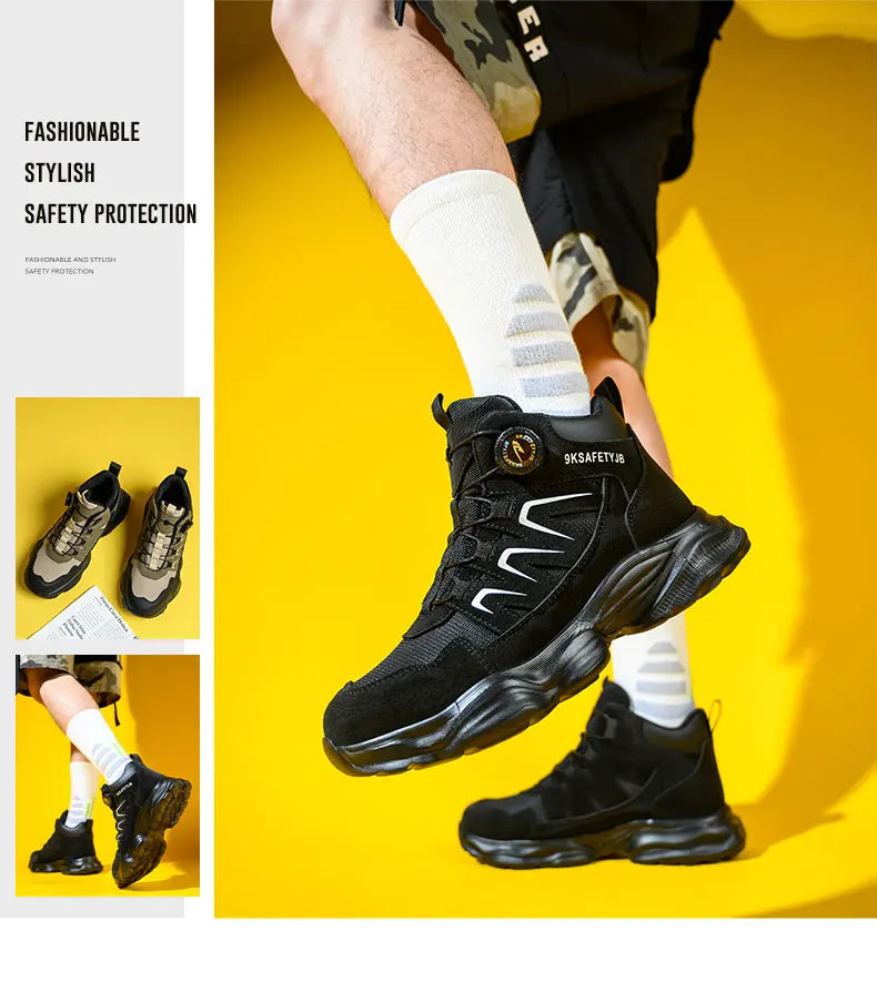 Rotating Button Safety Boots Shoes Man Steel Toe Safety Work Shoes Lightweight Non Slip Work Boots Men Sneaker