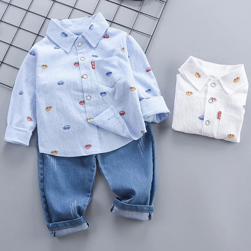 1-5 Years Spring Autumn Handsome Boys Clothing Set Full Sleeve Little Car Pattern Shirt+Jeans 2Pcs Suit For Kids Children Outfit