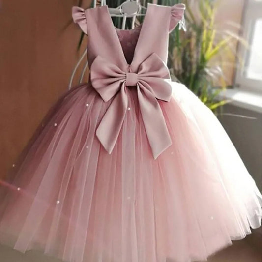Fashion Red Pink Children's Bow Princess Dress‌ Big Bow Backless Girls Puffy Dress Tulle Flower Girl Dress Wedding Gown