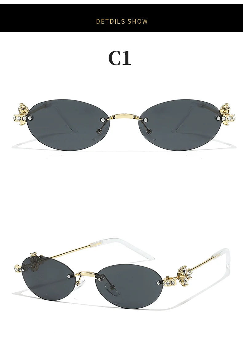 Women's Fashion Glasses Exquisite Diamond Decoration Sunglasses Oval Shaped Frame Cut Edge Frameless Small Outdoor Sun Glasses