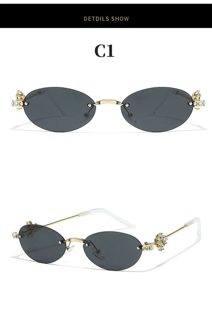 Women's Fashion Glasses Exquisite Diamond Decoration Sunglasses Oval Shaped Frame Cut Edge Frameless Small Outdoor Sun Glasses