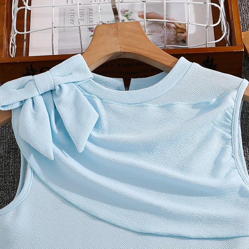 Girls 8-12 Light Blue Summer Casual Dress, Front Sleeveless Bow Decor High Waist Pleated Skirt, Daily Kids Outfit