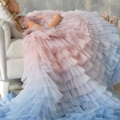 Pink And Blue Flower Girl Dresses For Wedding Ruffles Lace Applique Tiered Kids Lovely Birthday Party Bridesmaid Ball Gowns 2025