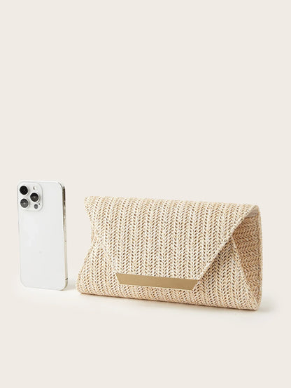 Women's Woven Clutch Bag, Beige, Solid Color, Summer, Holiday, Beach, Vacation Essential, Vacation Season, Versatile Business Commuter Women's Crossbody Bag, Casual, Simple, Beach