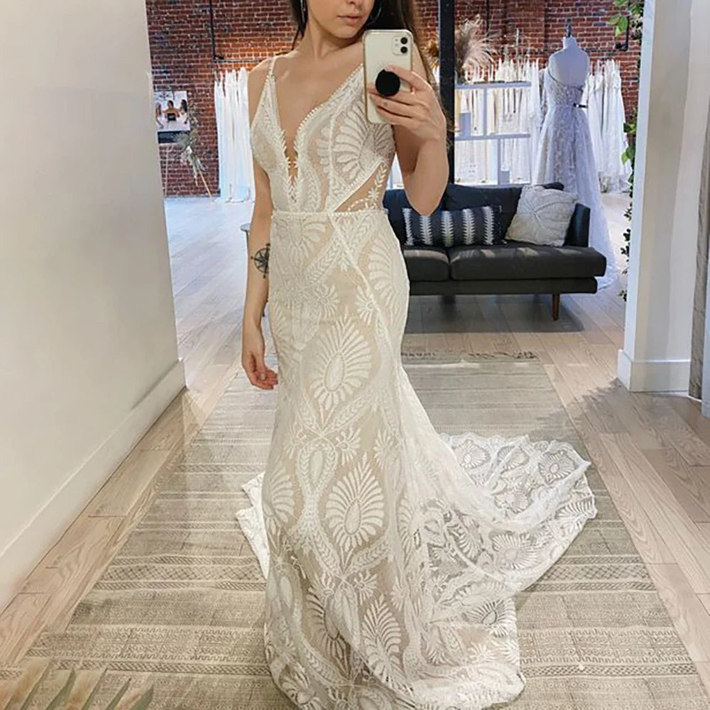 Customized Sexy Lace V Neck Beach Mermaid Wedding Dresses Elegant Spaghetti Straps Bridal Gowns Backless Vestidos De Novia
